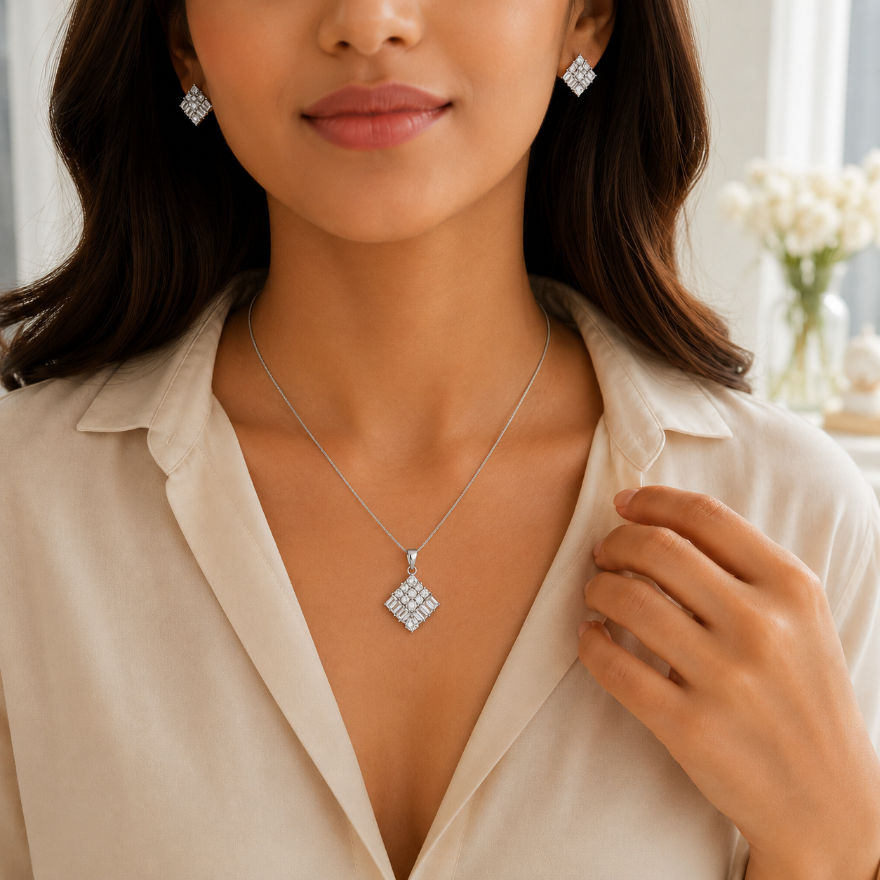 Close-up of the geometric rhombus pendant with round and baguette stones