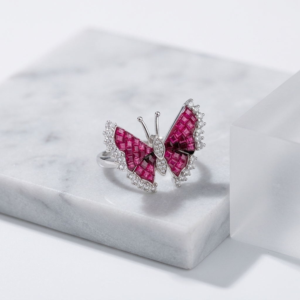 Close-up of a Butterfly Ruby Silver Ring adorned with red stones resting on a white marble display block 
