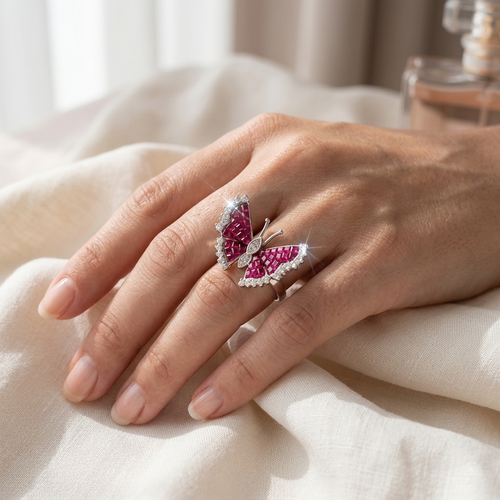 Butterfly Design Ruby Silver Ring