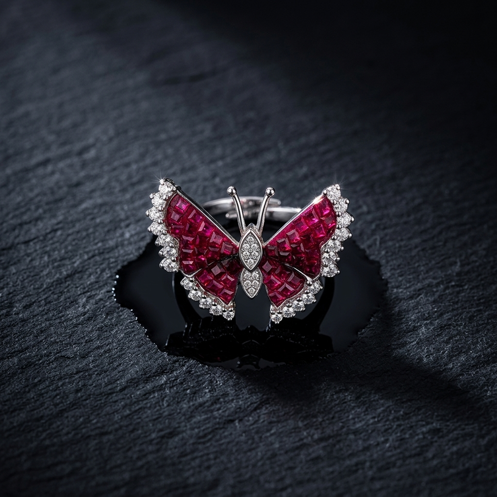 Dramatic studio studio shot of a Butterfly Ruby Silver Ring reflecting on a wet, black textured slate