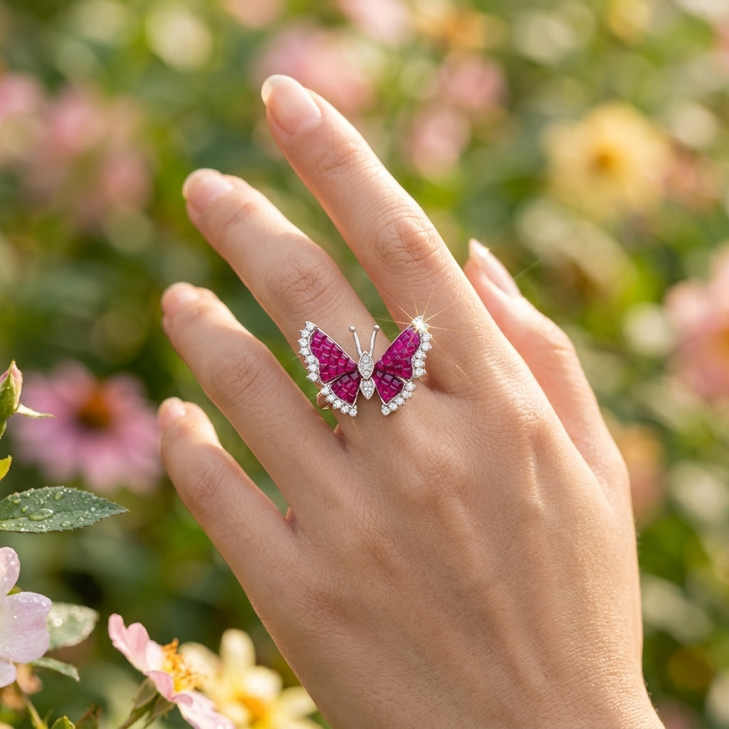 Butterfly Ruby Silver Ring sparkling on a woman's hand outdoors against a background of pink garden flowers