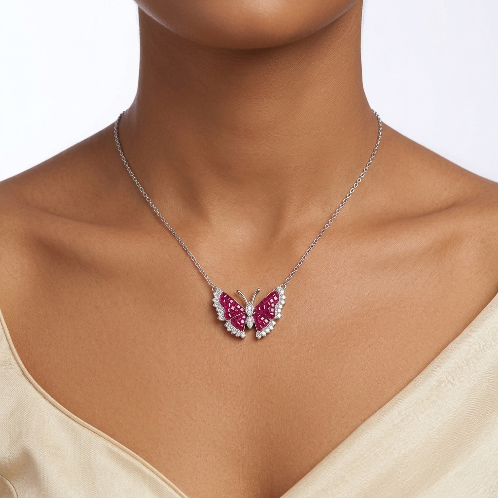 Close-up of a Butterfly Ruby Pendant Necklace worn gracefully around a woman's neck.