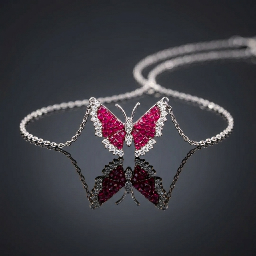 Studio shot of the Butterfly Ruby Pendant Necklace reflecting perfectly on a polished black surface.