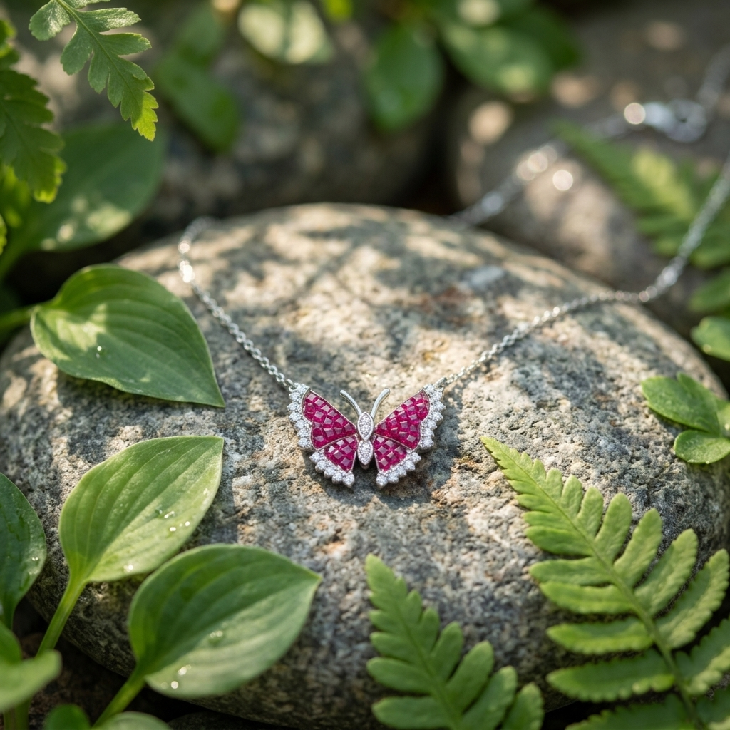 Butterfly Ruby Pendant Necklace with vivid red rubies resting elegantly on a textured grey stone surrounded by green leaves. 