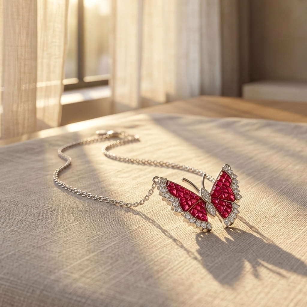  Butterfly Ruby Pendant Necklace bathed in warm golden hour sunlight on a textured beige fabric.