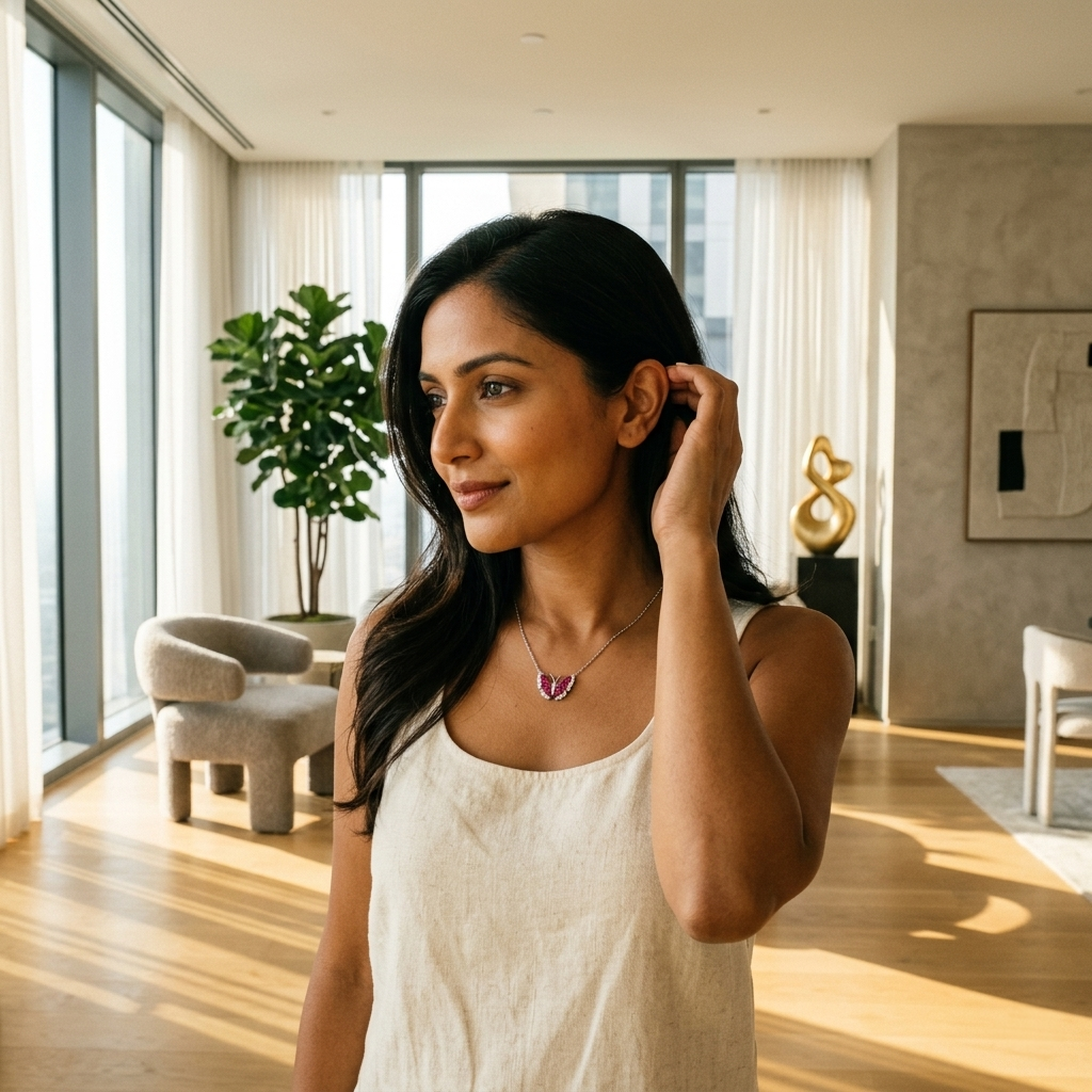 Smiling Indian woman standing in a sunlit living room wearing the delicate Butterfly Ruby Pendant Necklace