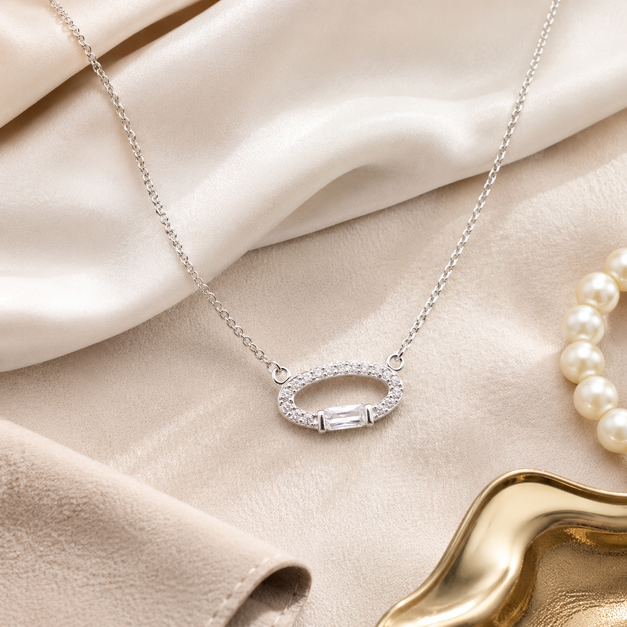 Front view of the Classic Oval Halo Crystal Silver Delicate Necklace on a model.