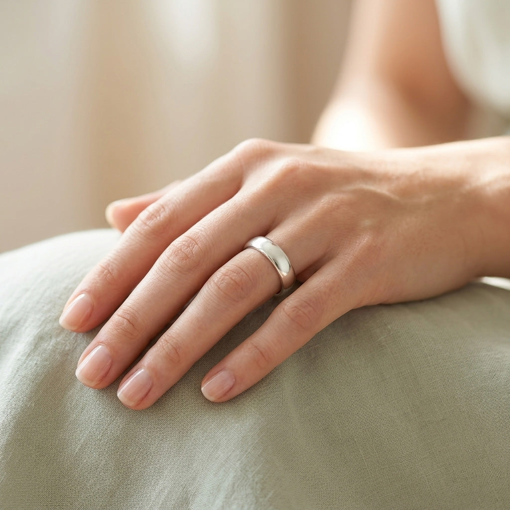A close-up of a woman's hand resting on light green fabric, wearing a classic, polished plain silver ring on her ring finger