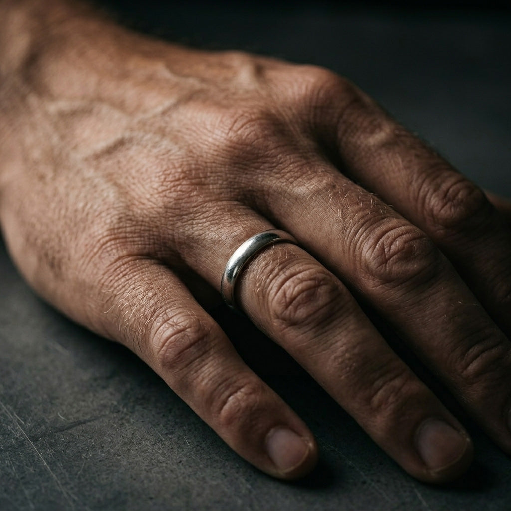 A close-up of a man's hand resting, wearing a simple, unadorned plain silver ring on his ring finger