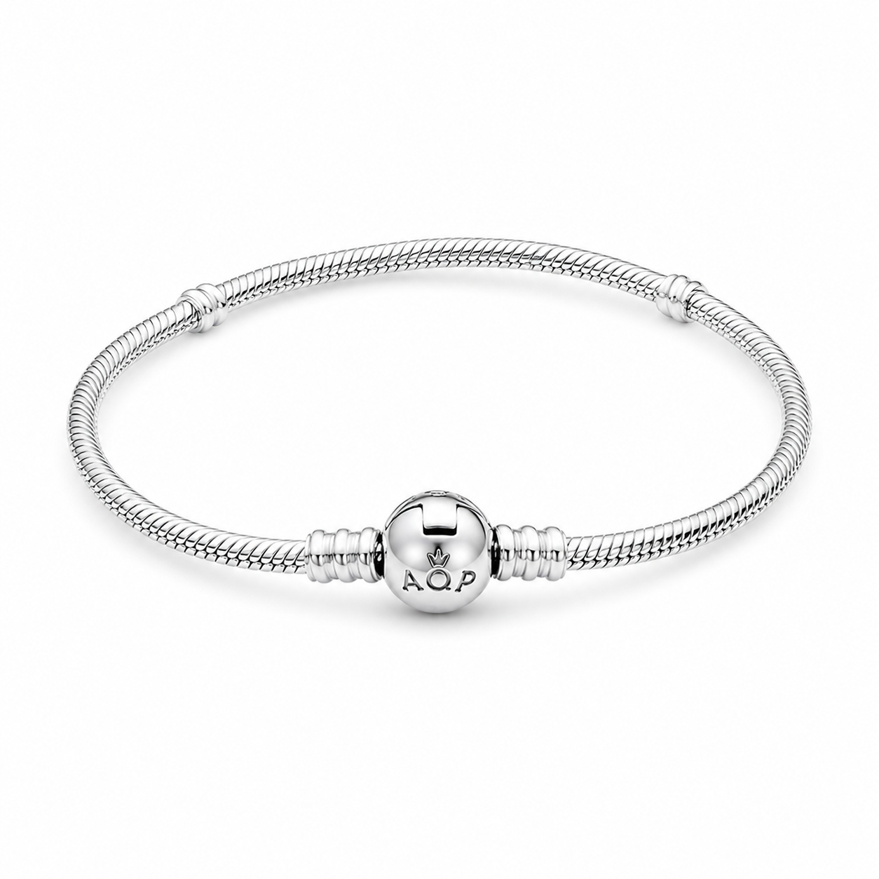 Classic silver snake chain charm bracelet with a secure round barrel clasp