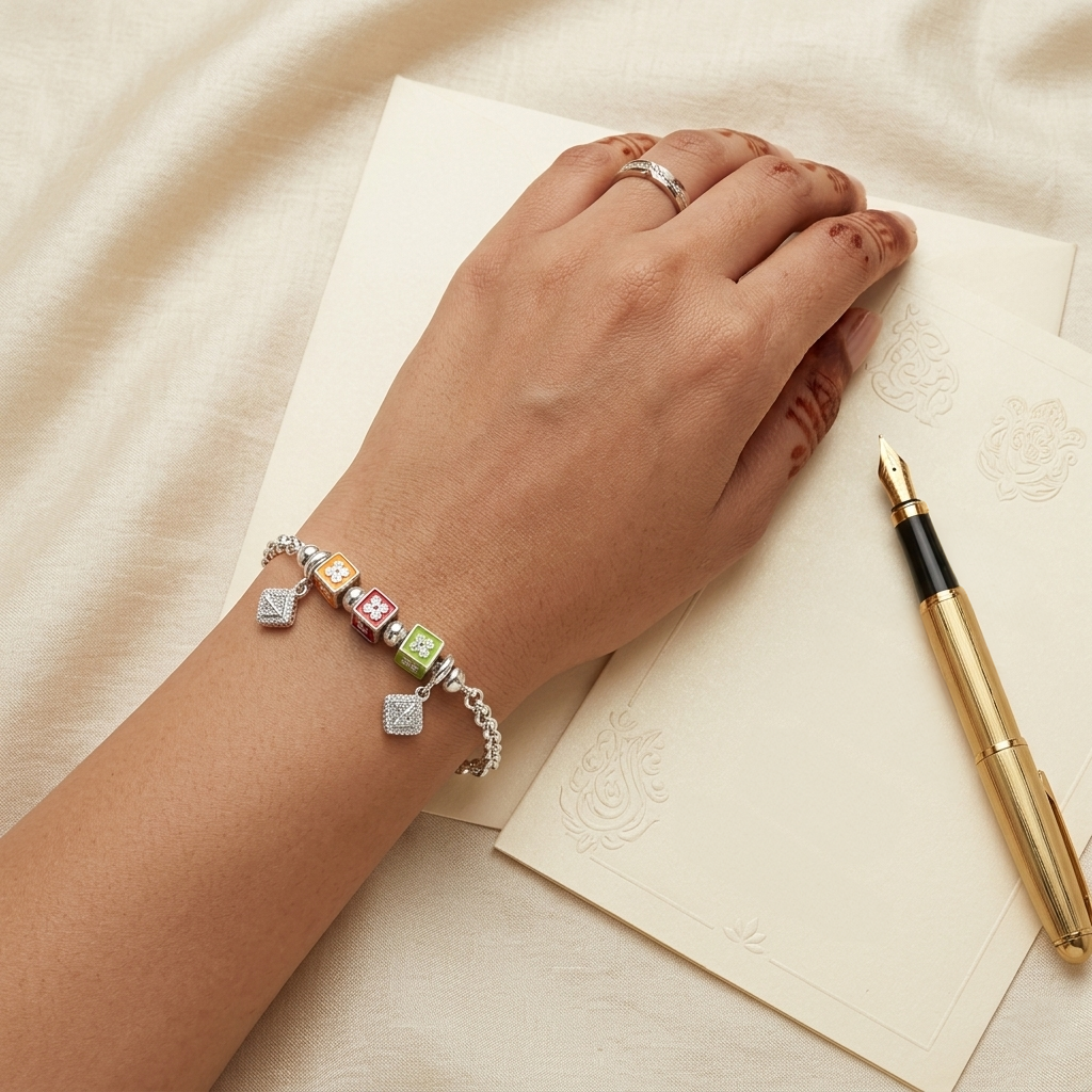 Woman's hand resting on an envelope, wearing a Color Cube Charm Silver Bracelet with orange, red, and green enamel cube charms and diamond-studded square dangles.