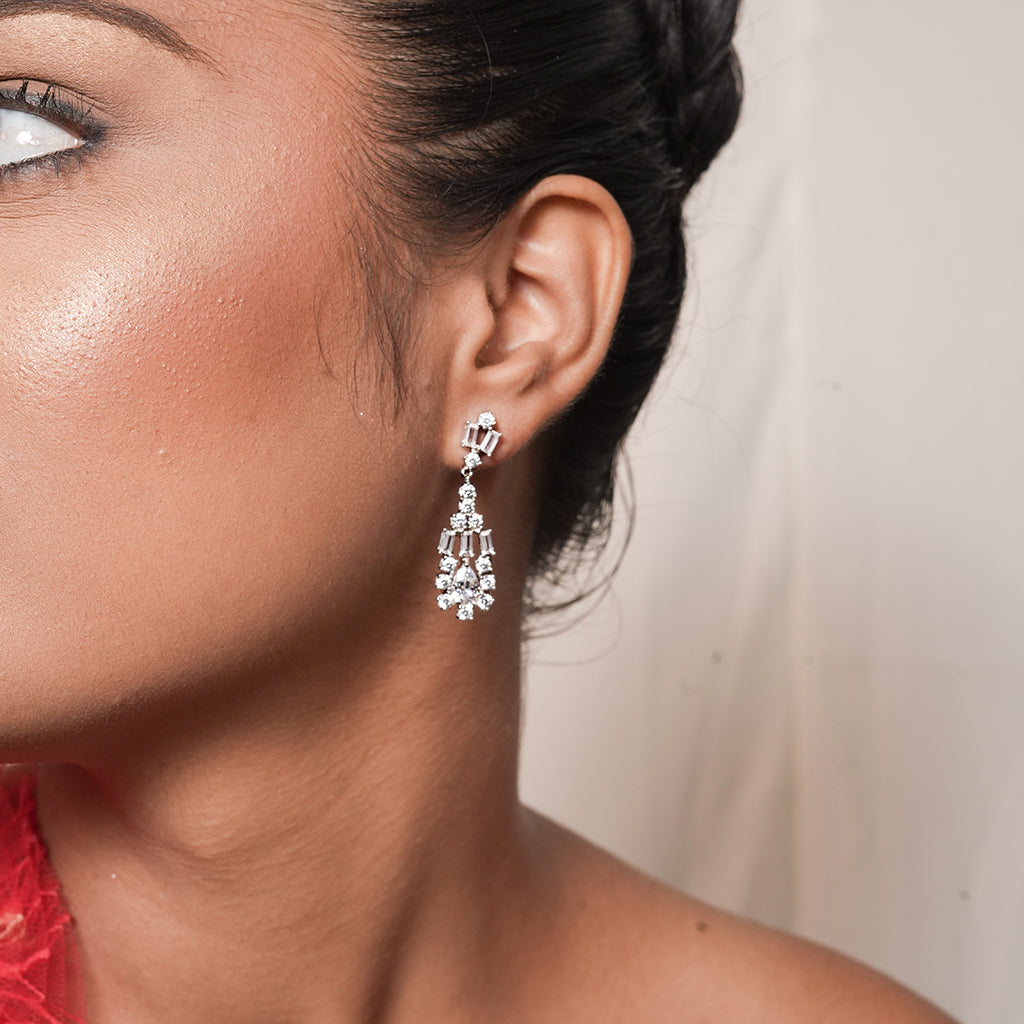 Silver Marquise and Baguette Cluster Drop Earrings 1