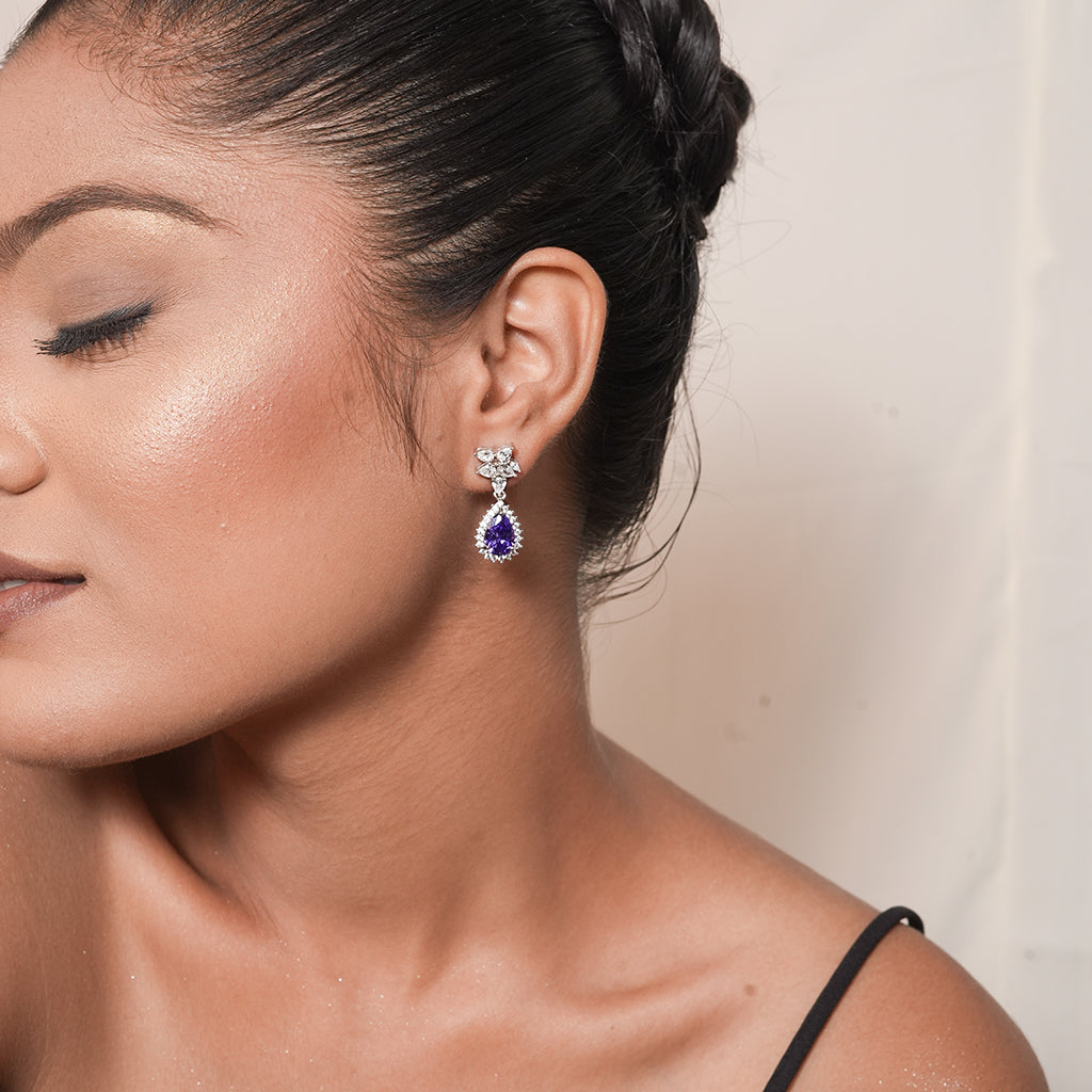 Silver Blue Pear Drop Earrings with CZ Cluster 2