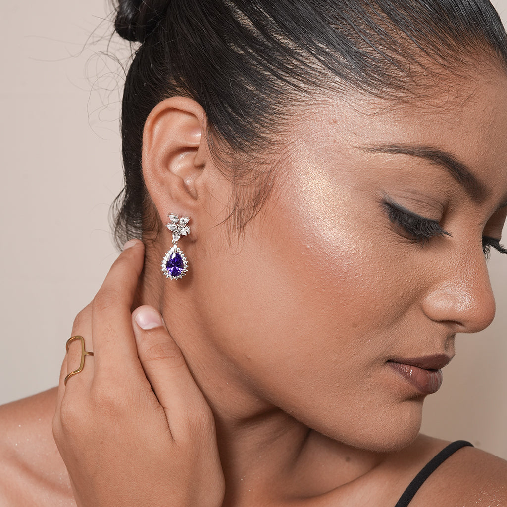 Silver Blue Pear Drop Earrings with CZ Cluster 1