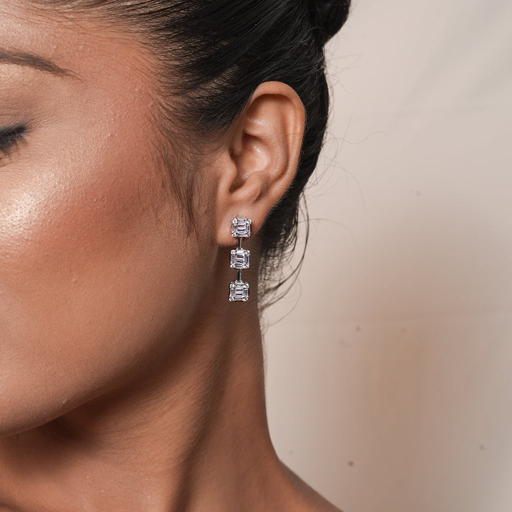 Silver Three Stone Drop Earrings