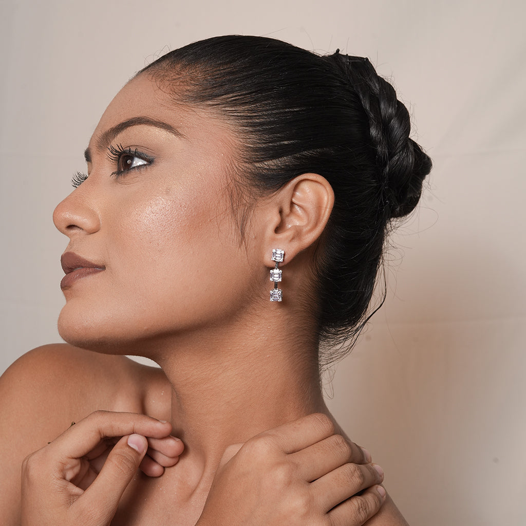 Silver Three Stone Drop Earrings