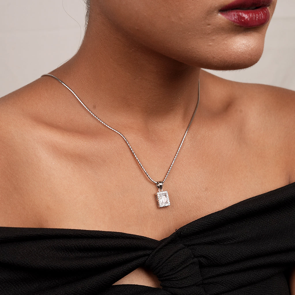Silver Square Halo CZ Necklace & Earring Set