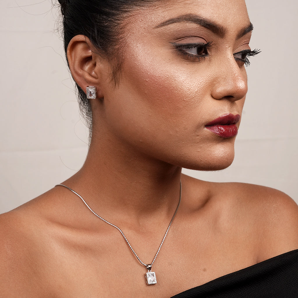 Silver Square Halo CZ Necklace & Earring Set