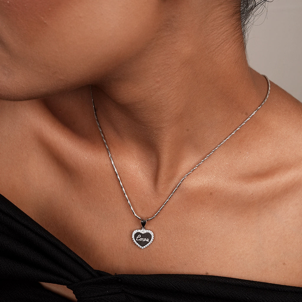 Silver Pavé Heart Pendant Necklace & Earring Set