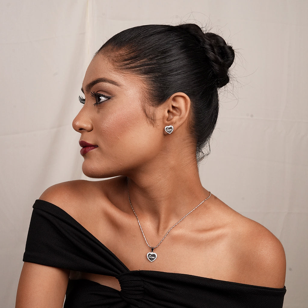 Silver Pavé Heart Pendant Necklace & Earring Set