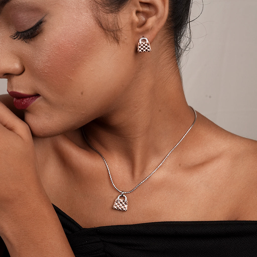 Silver Fan Lattice Pendant Necklace & Earring Set