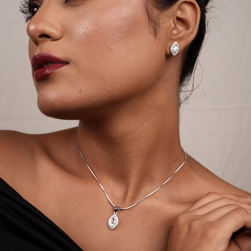 Silver Marquise Halo Pendant Necklace & Earring Set