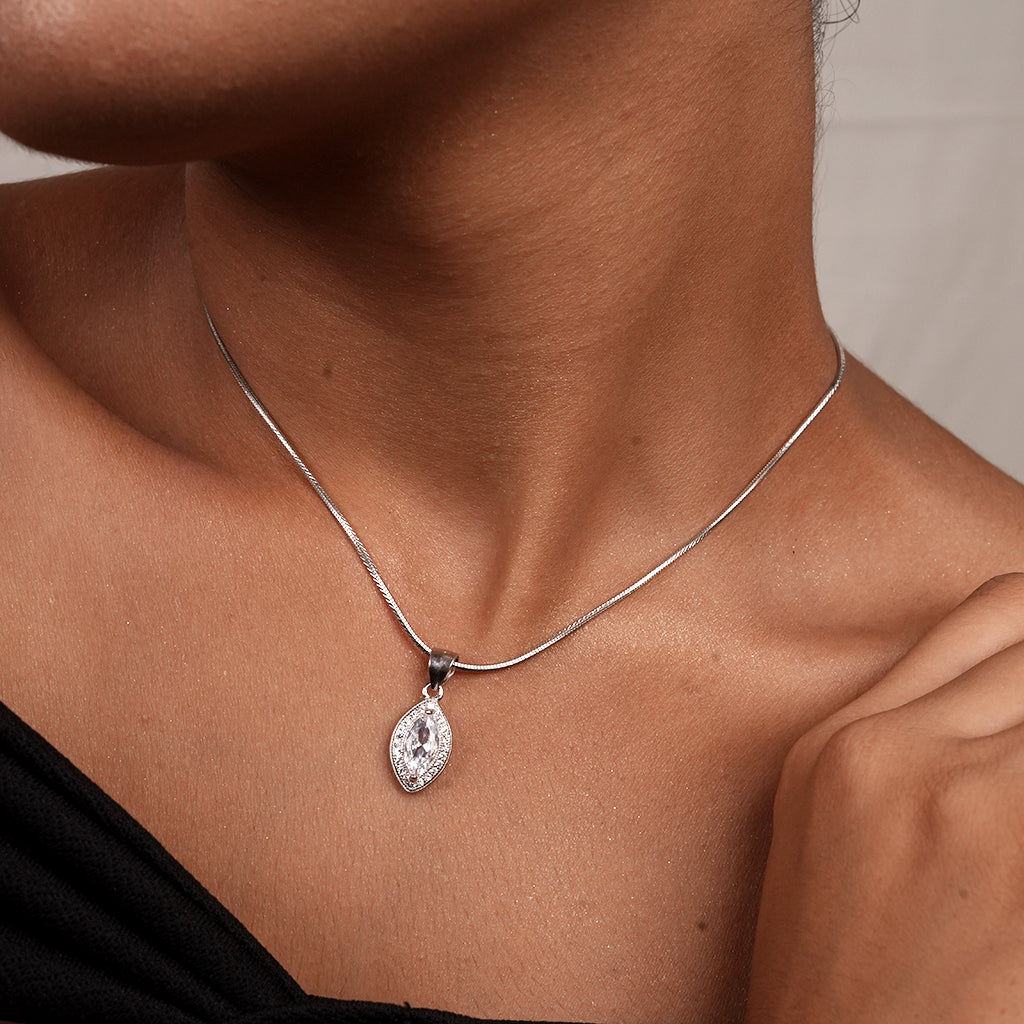 Silver Marquise Halo Pendant Necklace & Earring Set