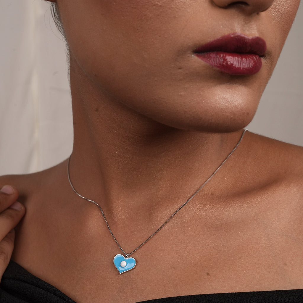 Silver Blue Enamel Heart Pendant Necklace