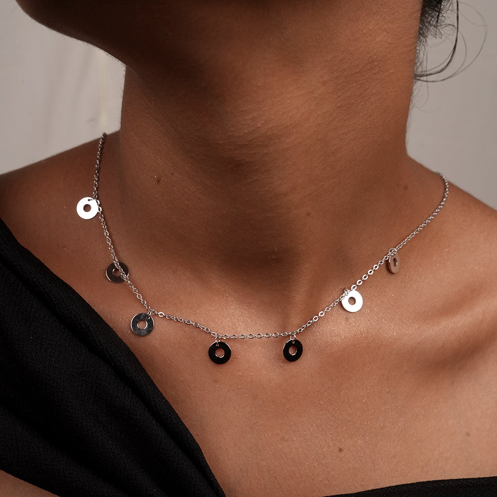 Silver Circle Charm Station Necklace
