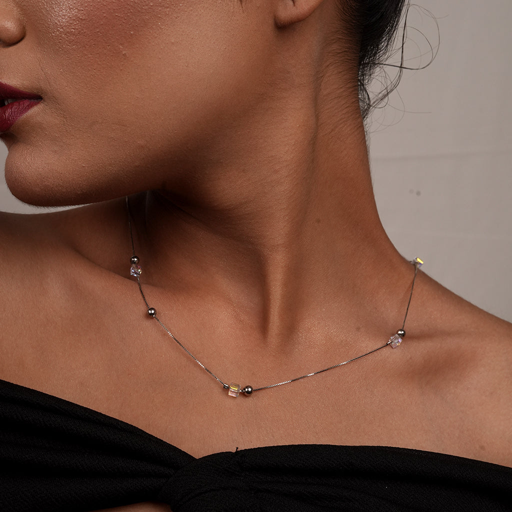 Silver Beaded Station Chain Necklace