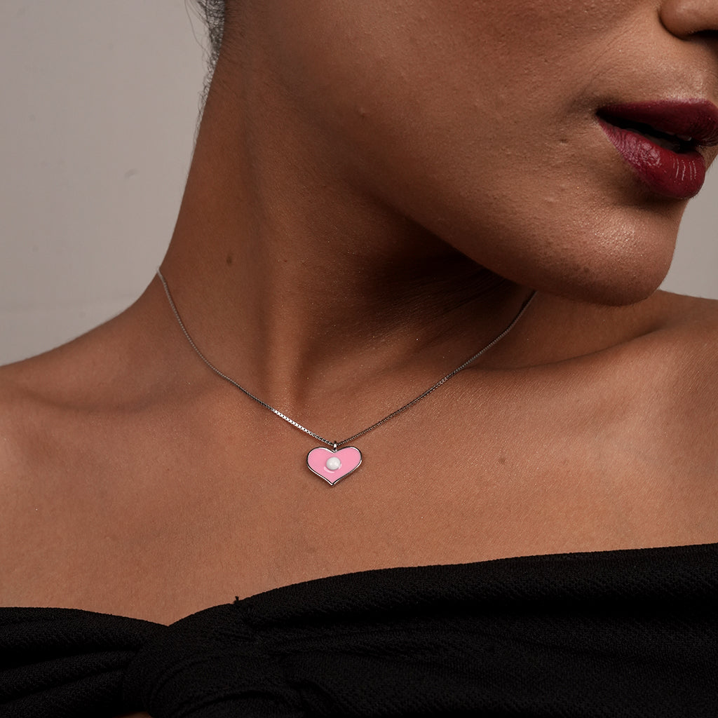 Silver Pink Enamel Heart Pendant Necklace