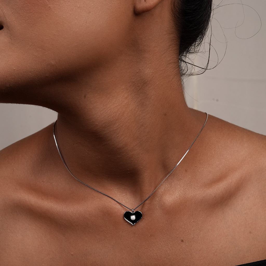 Silver Black Enamel Heart Pendant Necklace
