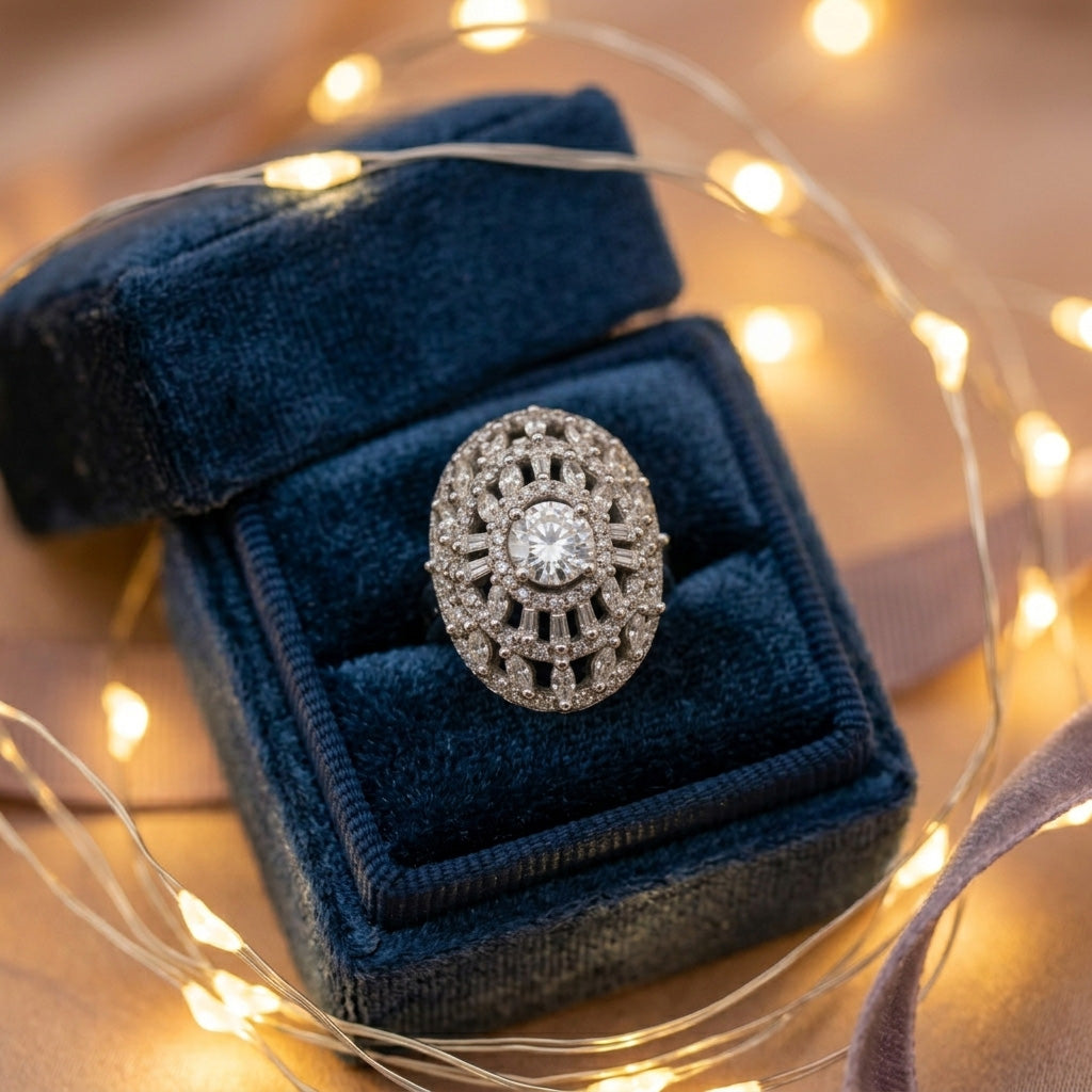 The Crown Design Silver Ring beautifully presented inside a dark blue velvet jewelry box, surrounded by warm fairy lights.