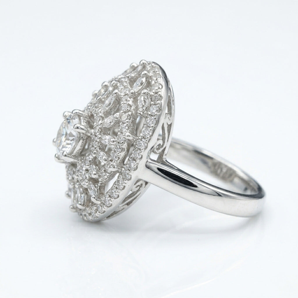 Side profile of the Crown Design Silver Ring, highlighting its elevated filigree under-gallery, multi-tiered setting, and solid tapered band