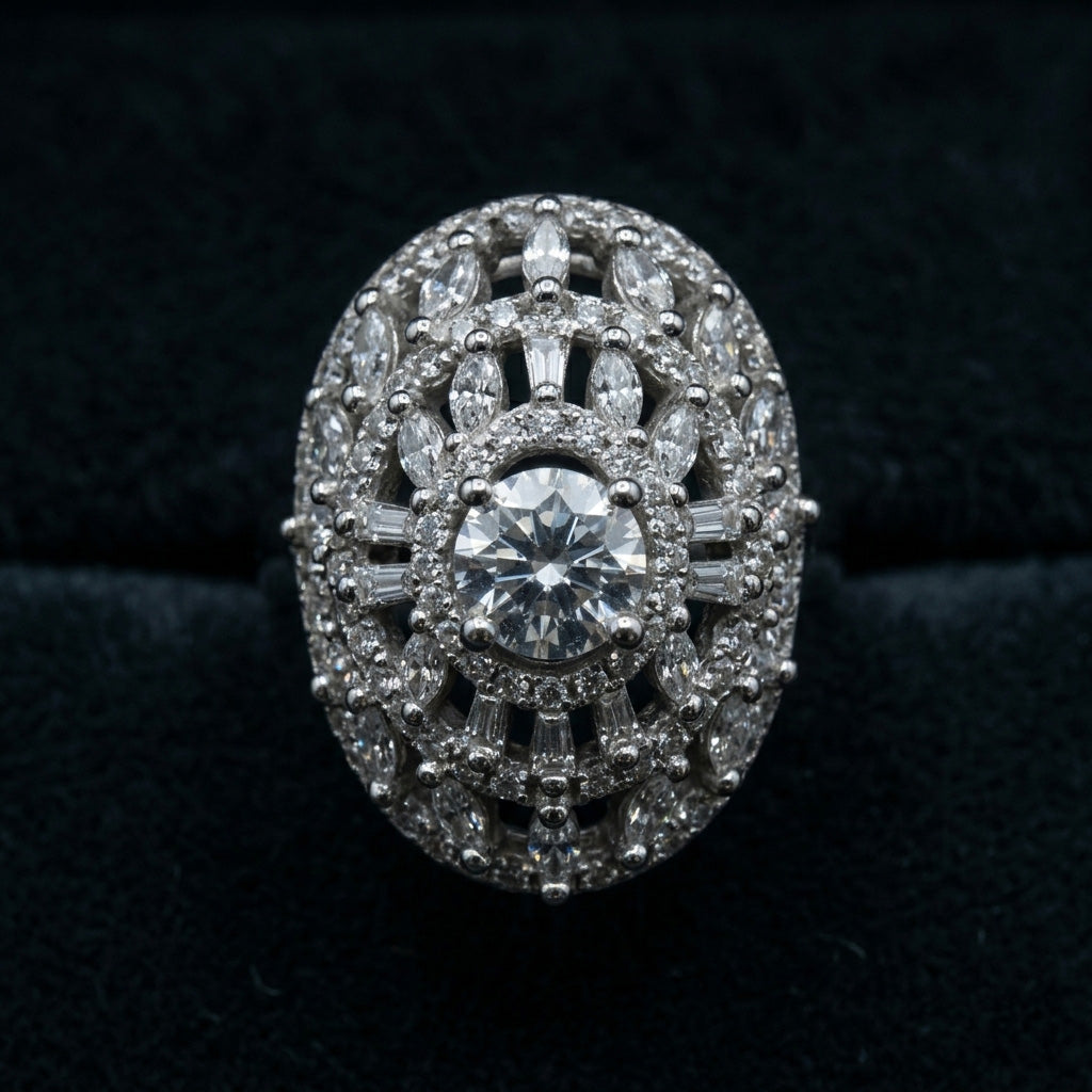 Close-up top down view of the Crown Design Silver Ring on a dark background, revealing the intricate concentric pattern of round, baguette, and marquise stones.