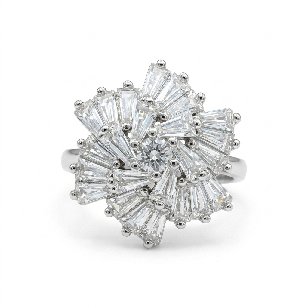 Close-up front view of the Crystal Flower Silver Ring showing the central round stone and spiral baguette stones on a white background