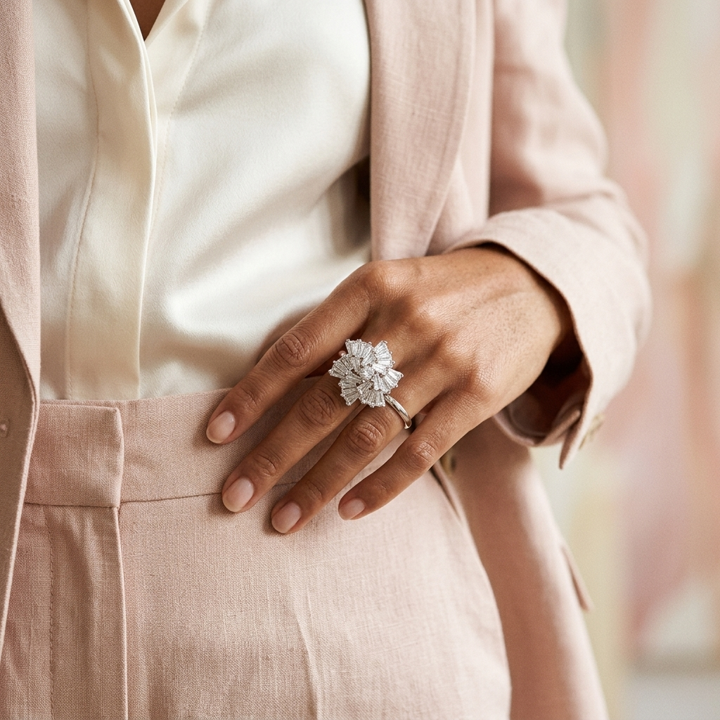 Woman in a pink suit wearing the large Crystal Flower Silver Ring on her index finger