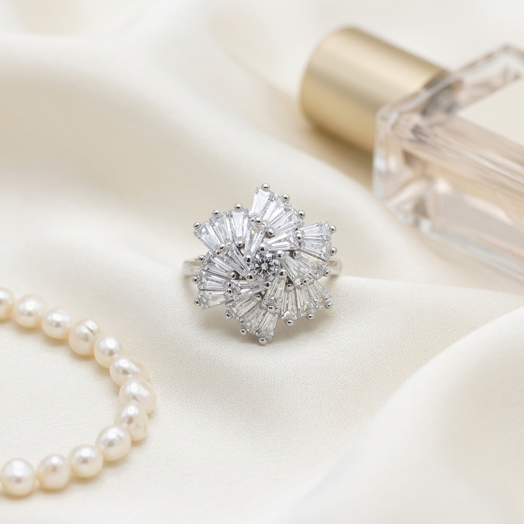 Crystal Flower Silver Ring displayed flat on white silk next to a pearl necklace and perfume bottle