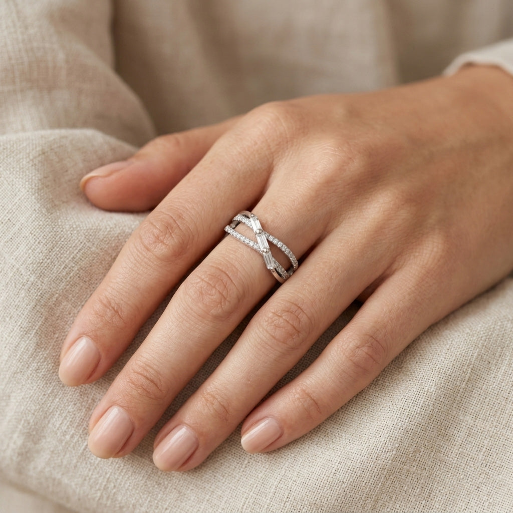 Triple Baguette Crystal Crossover 925 Silver Ring | Jiya Gold Palace