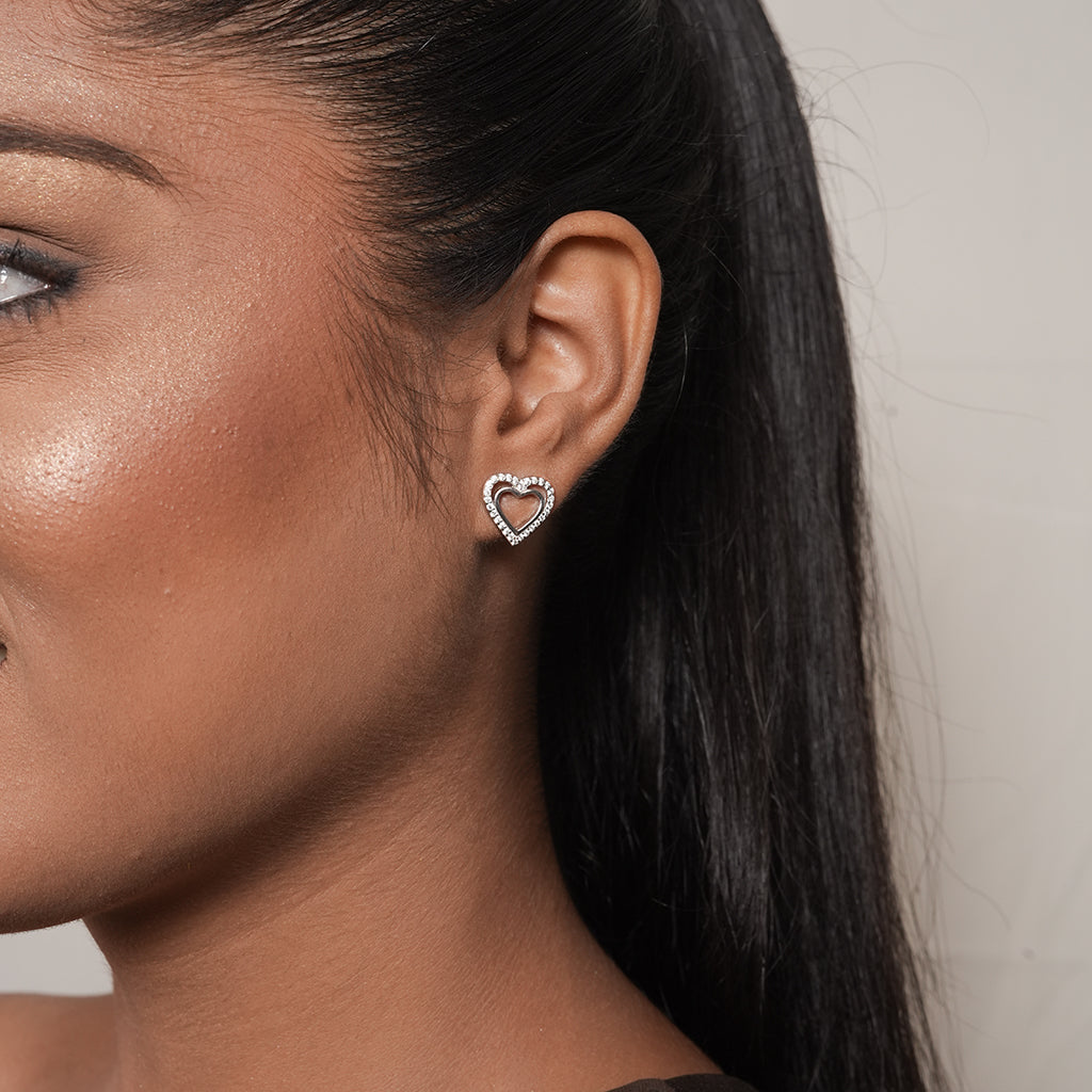Silver Pave Open Heart Stud Earrings