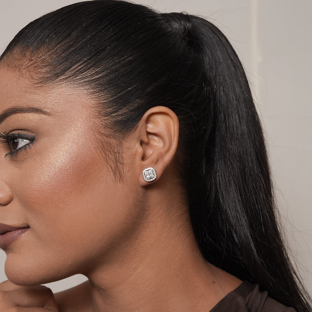 Silver Square Pave Stud Earrings