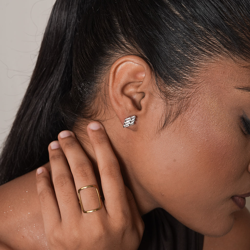 Silver Baguette Cluster Stud Earrings