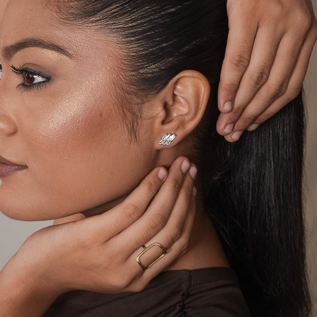 Silver Baguette Cluster Stud Earrings
