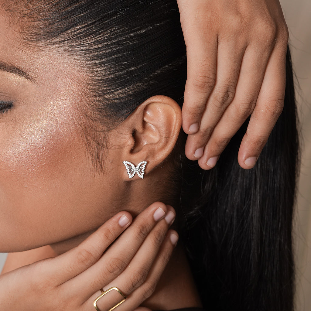 Silver CZ Butterfly Stud Earrings
