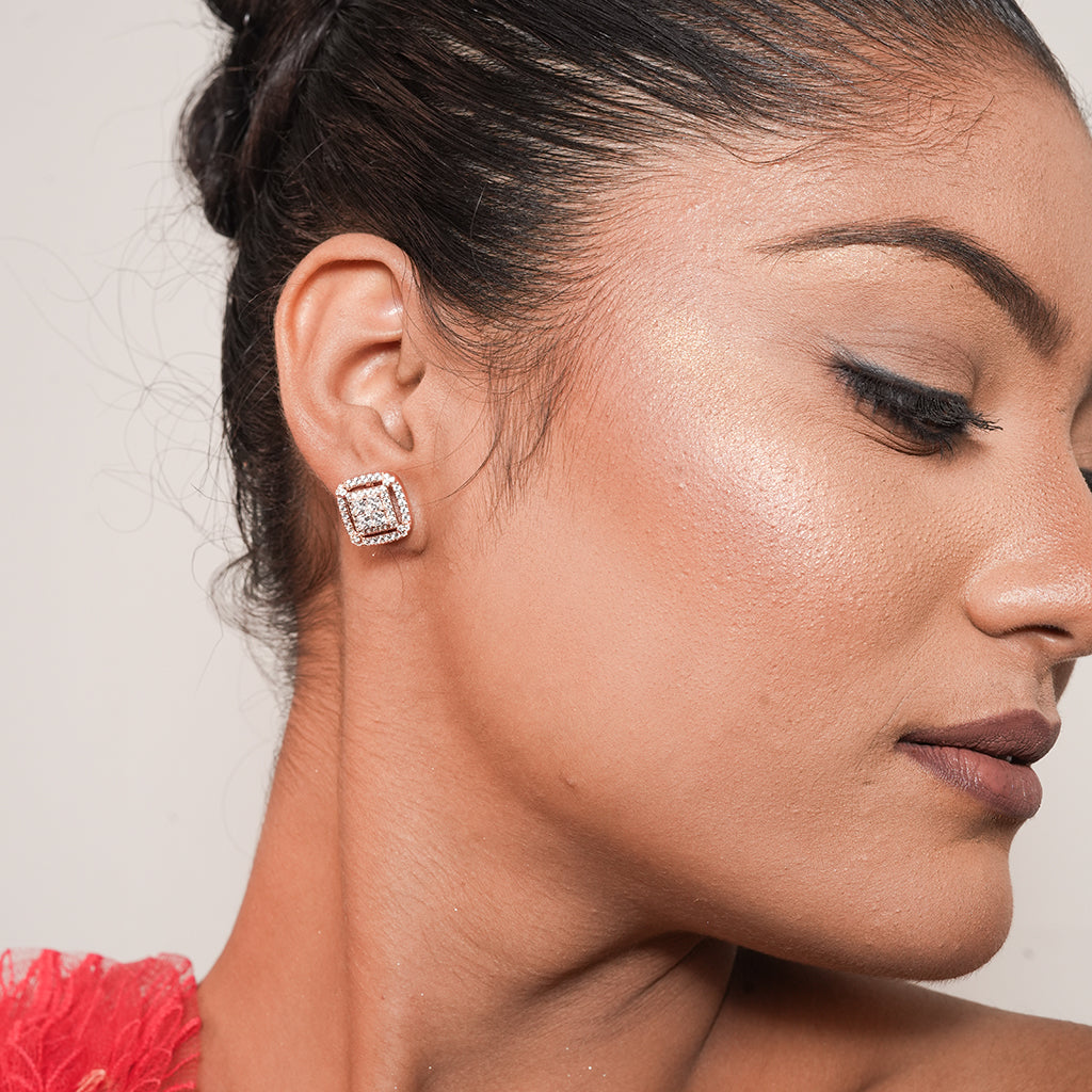 Silver Cushion CZ Halo Stud Earrings 2