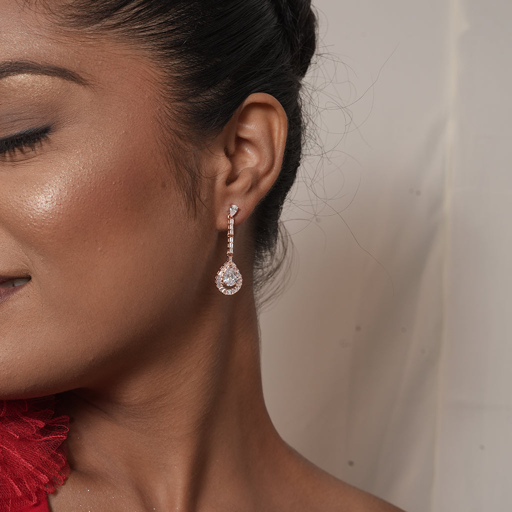 Silver Pear Halo Line Drop Earrings 1