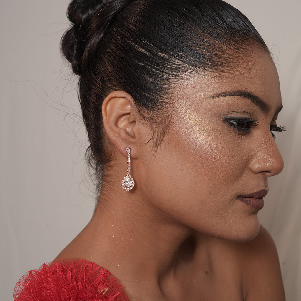 Silver Pear Halo Line Drop Earrings 2