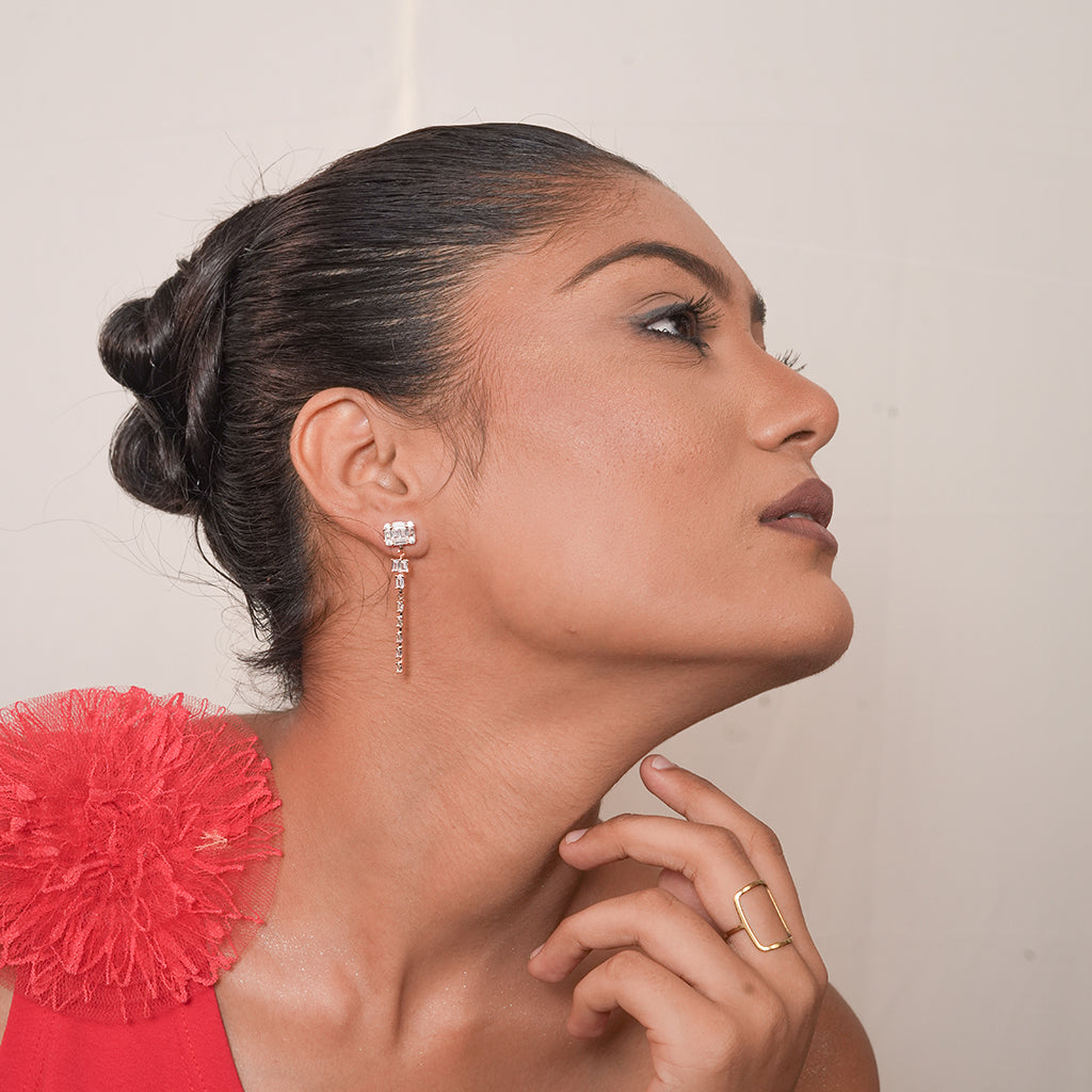 Silver Cushion CZ Bar Drop Earrings 1