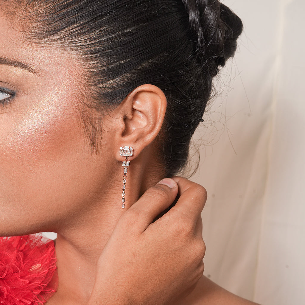 Silver Cushion CZ Bar Drop Earrings 2