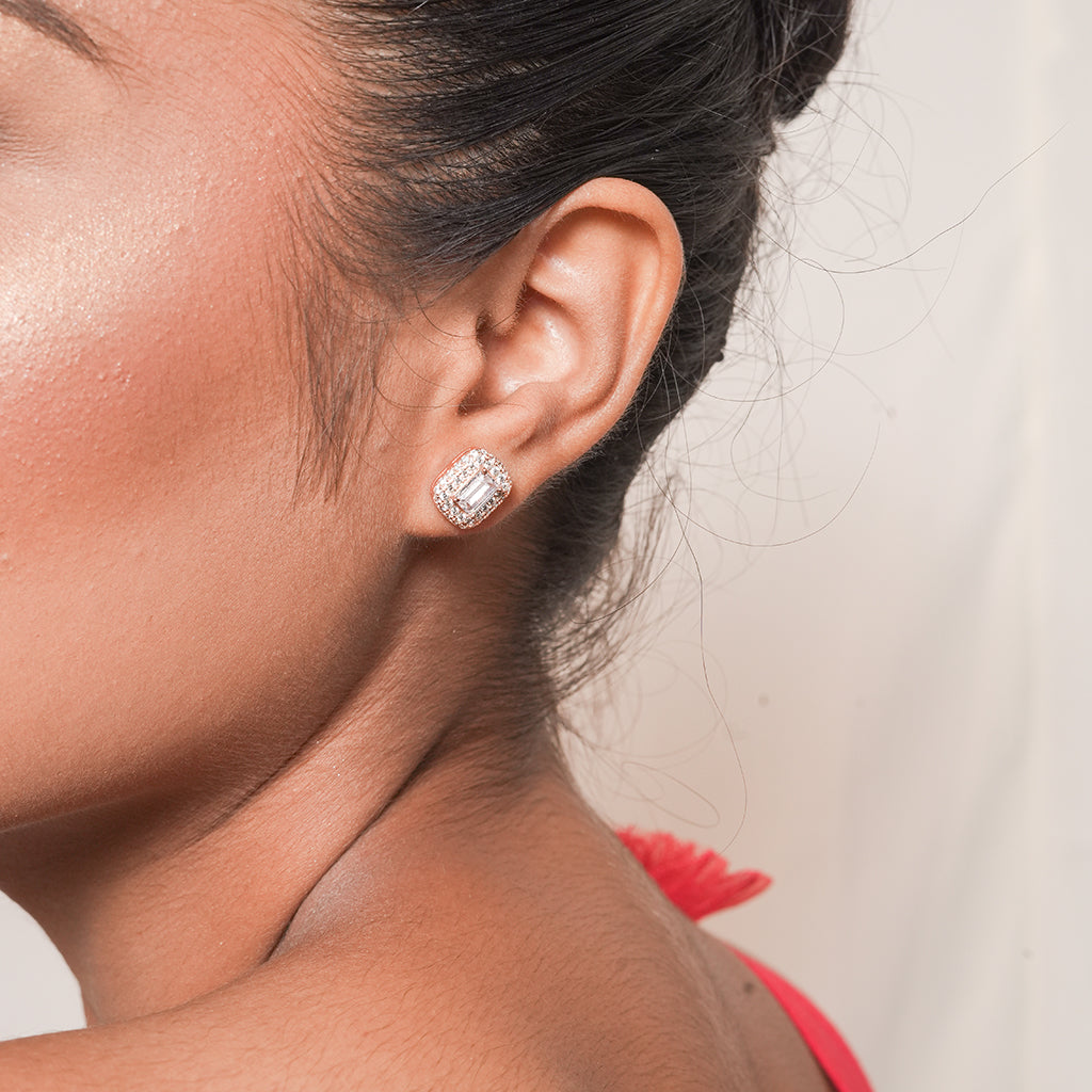 Silver Square Halo CZ Stud Earrings 1